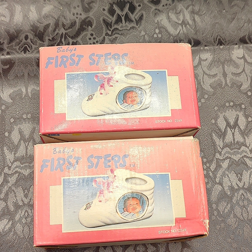 Vintage Baby's First Step Porcelain Bootie Photo Holder NIB